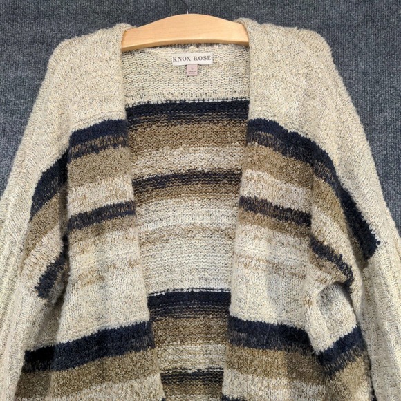 Knox Rose Women's Open Front Cardigan Knit Sweater Multi Large Striped Pockets - Picture 3 of 12